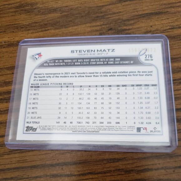 2022 Topps Series 1 Steven Matz #276 Gold Parallel 1563/2022 Toronto Blue Jays - Picture 3 of 3